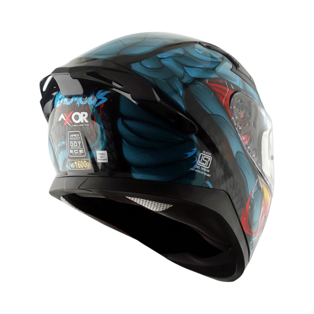 Motodrift Axor Apex Venomous motorcycle helmet with blue and black graphic design and rear integrated spoiler
