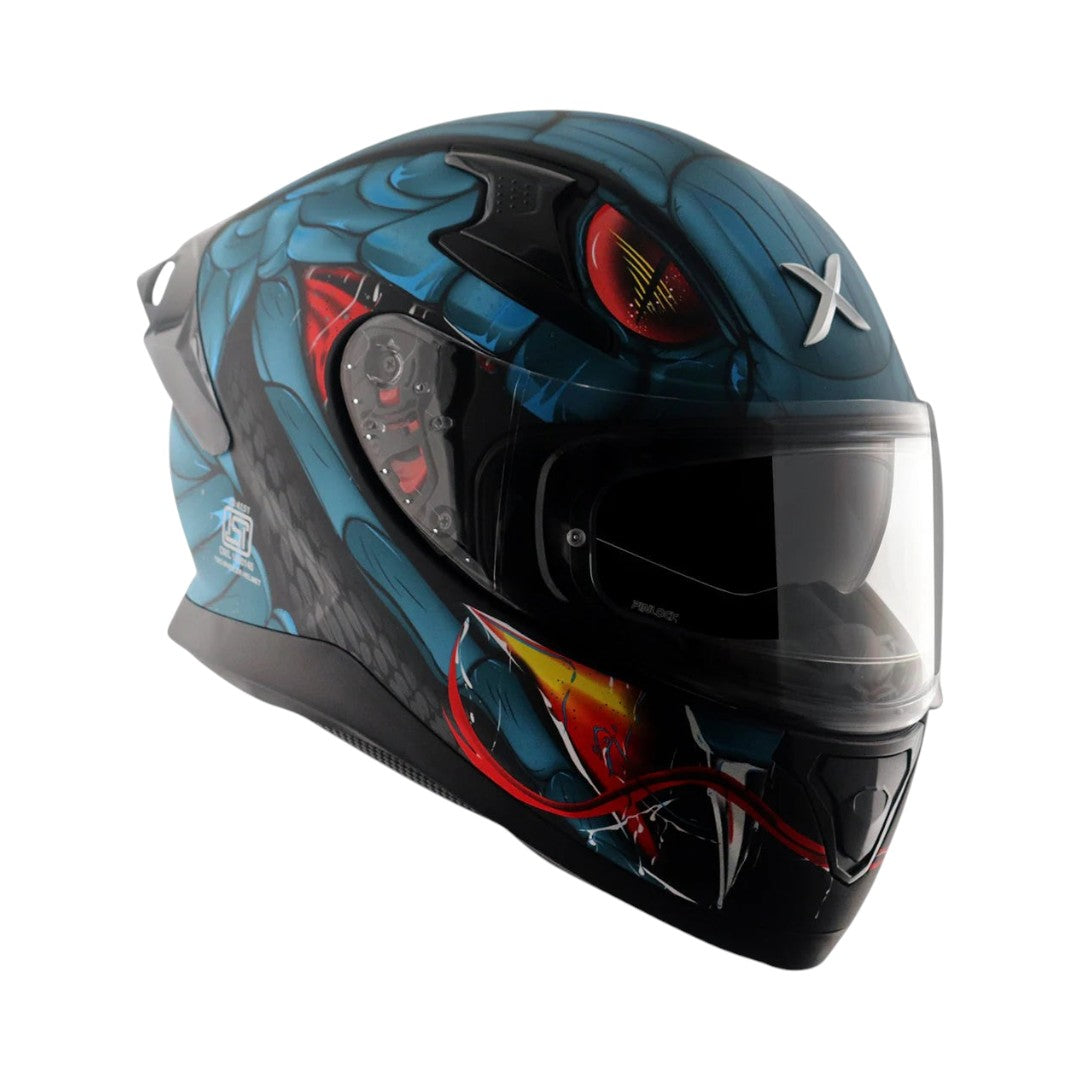 Motodrift Axor Apex Venomous full-face motorcycle helmet with blue snake graphic, clear visor, and rear spoiler.
