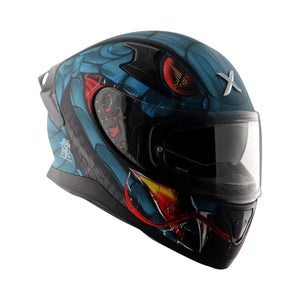 Motodrift Axor Apex Venomous full-face motorcycle helmet with blue snake graphic, clear visor, and rear spoiler.