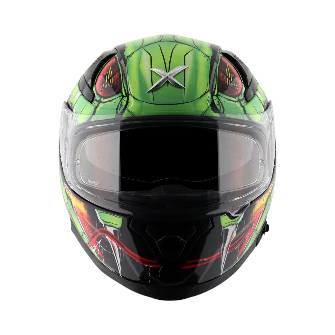 Motodrift Axor Apex Venomous helmet with green snake-inspired graphic design, clear visor, and aerodynamic shell.
