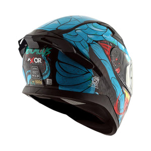 Motodrift Axor Apex Venomous sport-touring helmet in blue with graphic snake design and integrated rear spoiler