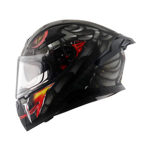 Motodrift Axor Apex Venomous full-face motorcycle helmet in black with aggressive red and yellow graphic details.