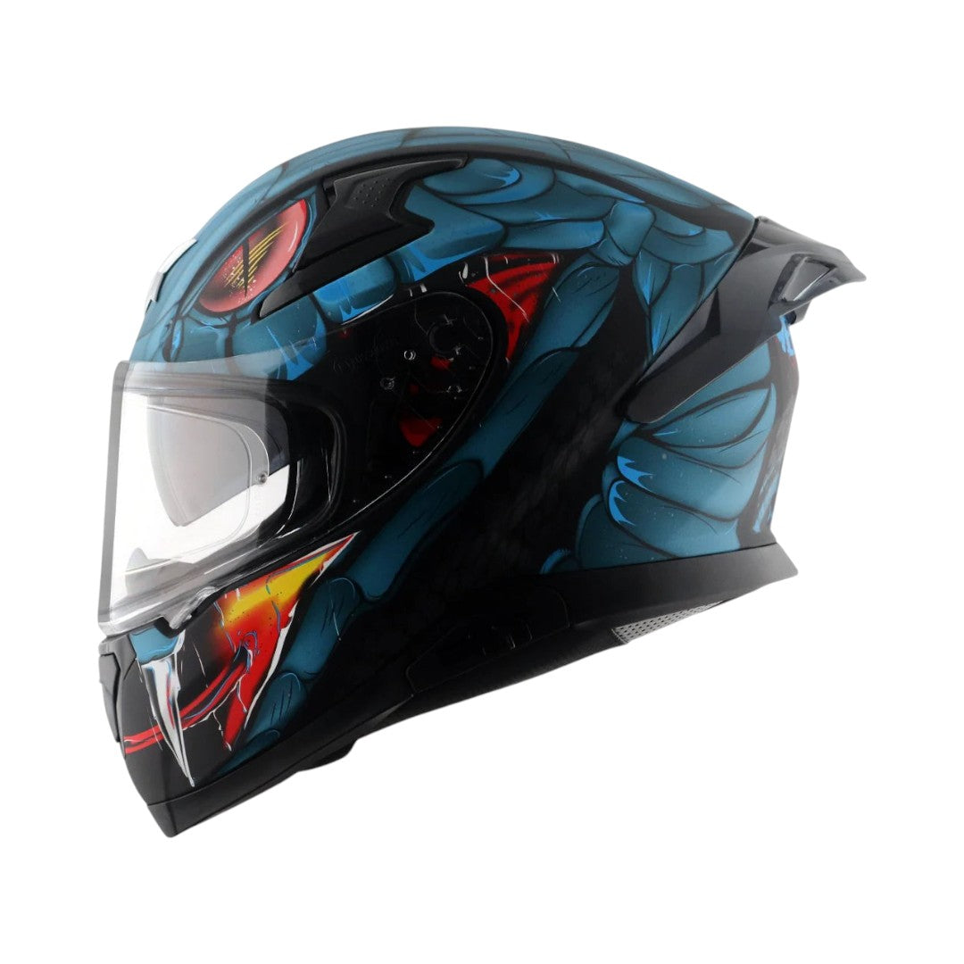 Motodrift Axor Apex Venomous full-face motorcycle helmet in blue with aggressive snake graphic and rear spoiler