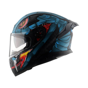 Motodrift Axor Apex Venomous full-face motorcycle helmet in blue with aggressive snake graphic and rear spoiler