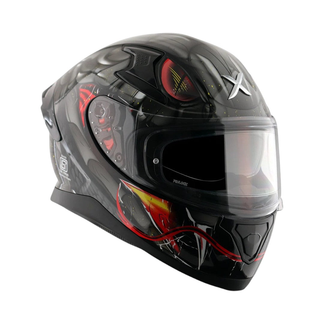 Motodrift Axor Apex Venomous full-face motorcycle helmet with aggressive black, red, and yellow graphic design