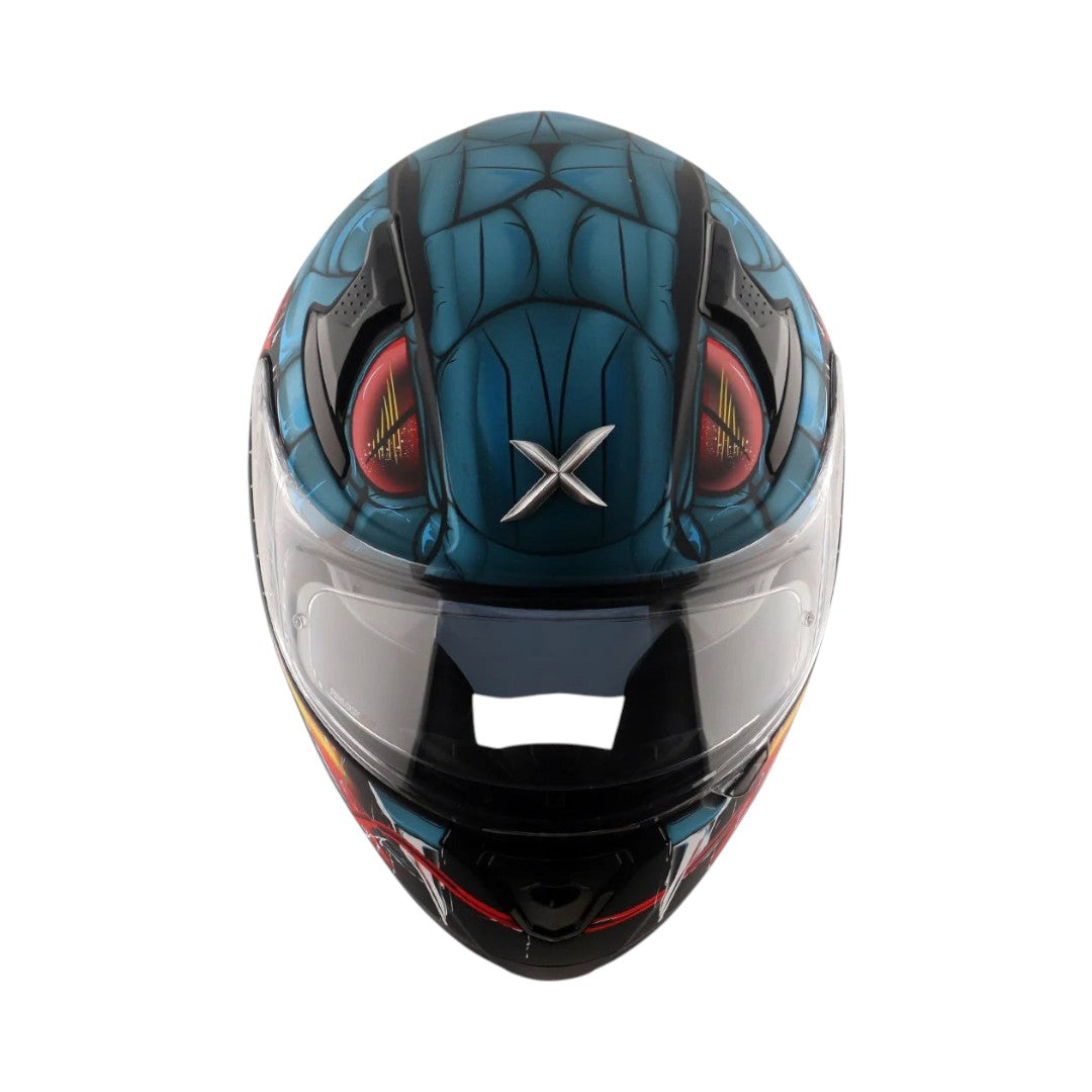 Motodrift Axor Apex Venomous full-face motorcycle helmet in blue with aggressive graphic design and clear visor