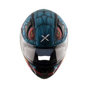 Motodrift Axor Apex Venomous full-face motorcycle helmet in blue with aggressive graphic design and clear visor