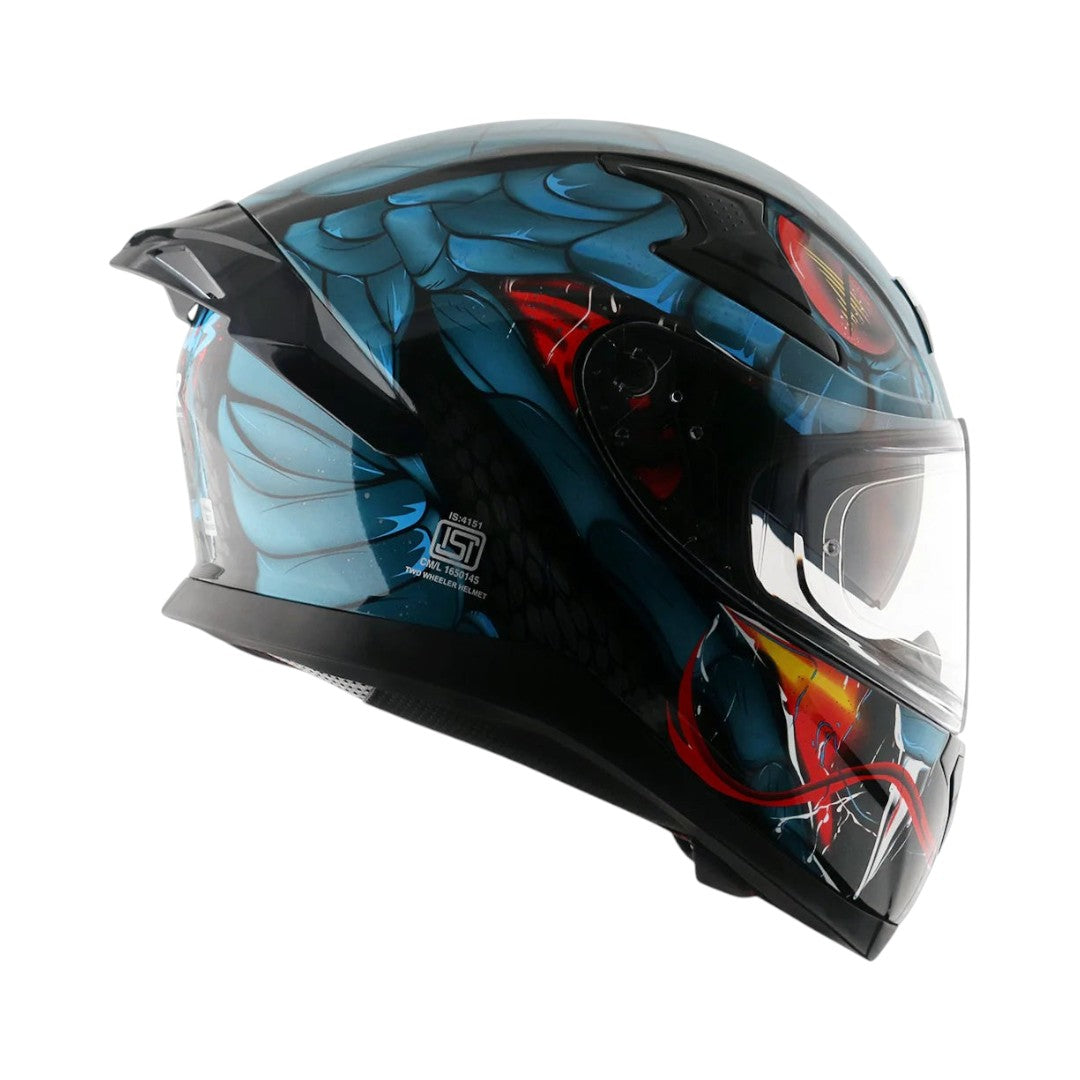 Motodrift Axor Apex Venomous sport-touring helmet with blue and black graphic design and integrated rear spoiler