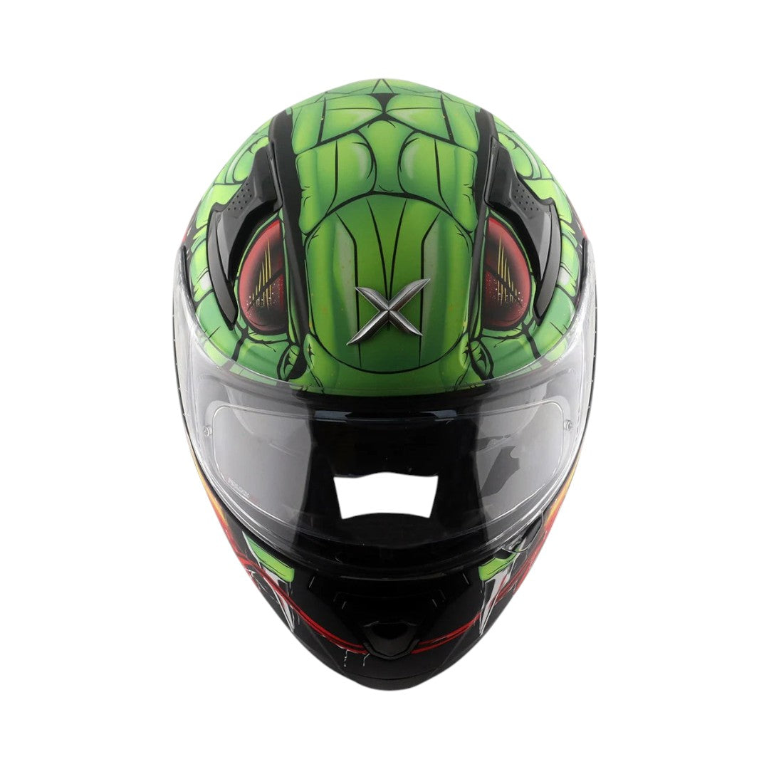 Motodrift Axor Apex Venomous helmet with a green snake-inspired graphic design and clear visor, front view.