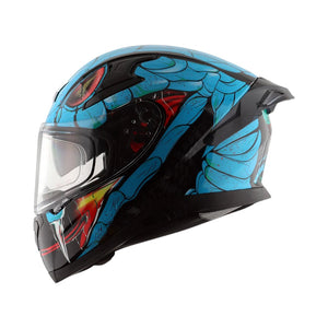 Motodrift Axor Apex Venomous helmet in blue with aggressive snake-inspired graphic design and integrated spoiler