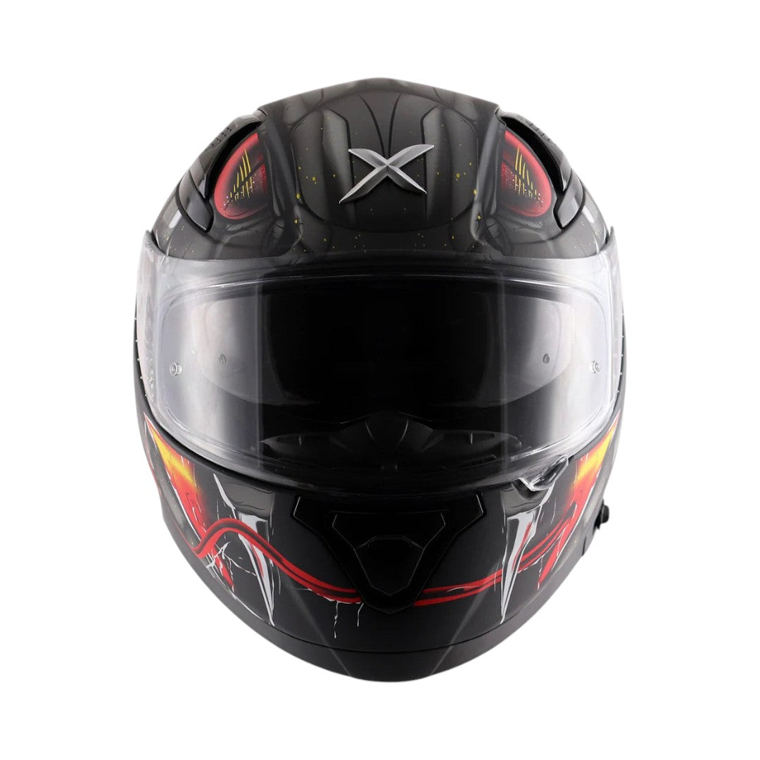 Motodrift Axor Apex Venomous full-face motorcycle helmet in black with red graphic accents and a clear visor.