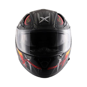 Motodrift Axor Apex Venomous full-face motorcycle helmet in black with red graphic accents and a clear visor.