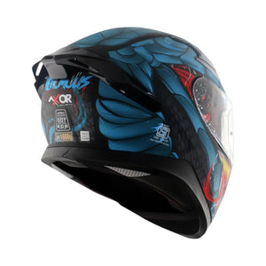 Motodrift Axor Apex Venomous sport-touring helmet featuring blue and black graphic design with an integrated spoiler.