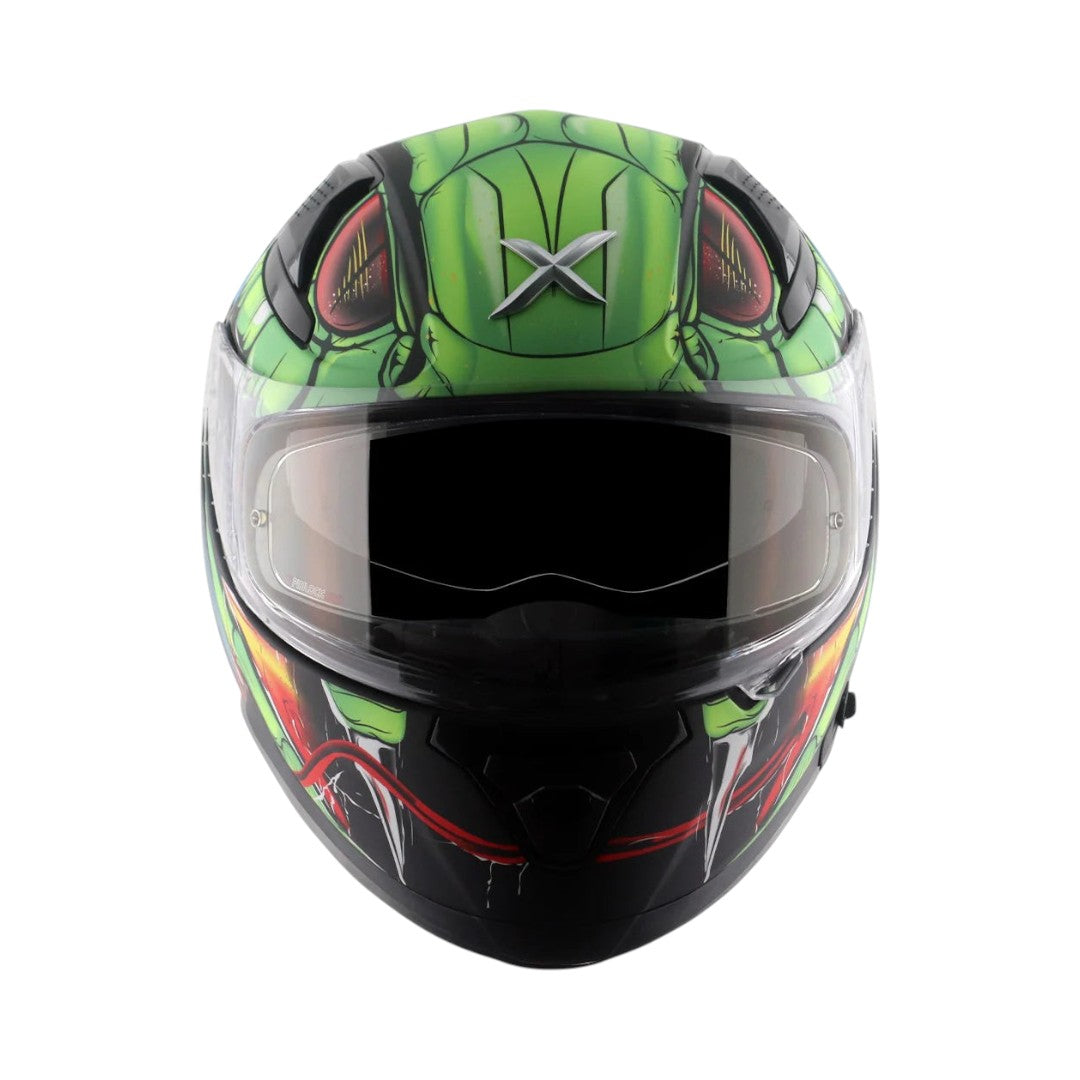 Motodrift Axor Apex Venomous full-face motorcycle helmet in green and black with a graphic snake design