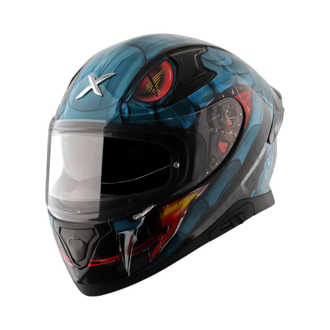 Motodrift Axor Apex Venomous full-face motorcycle helmet with aggressive blue graphic design and clear visor