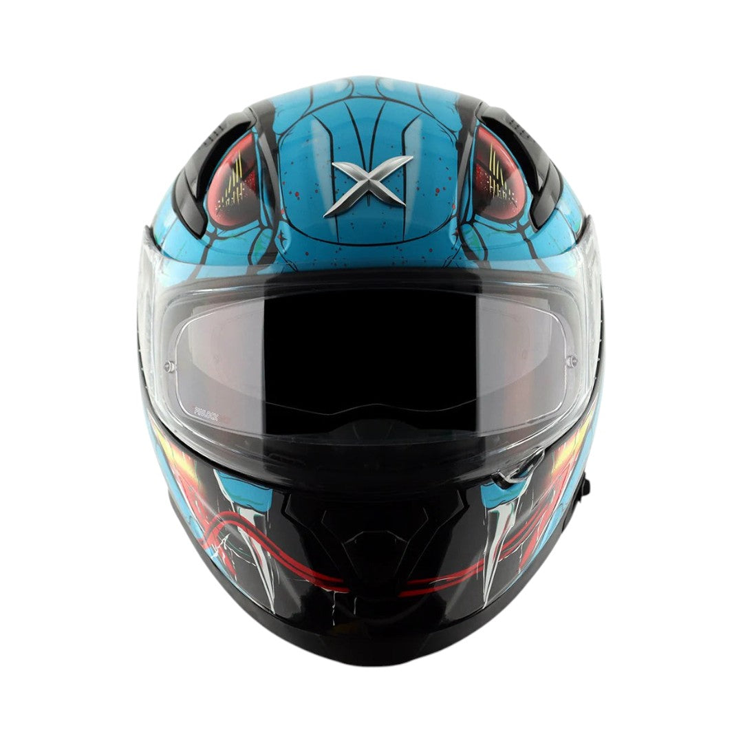 Motodrift Axor Apex Venomous sport-touring helmet in blue with aggressive graphic design and clear visor