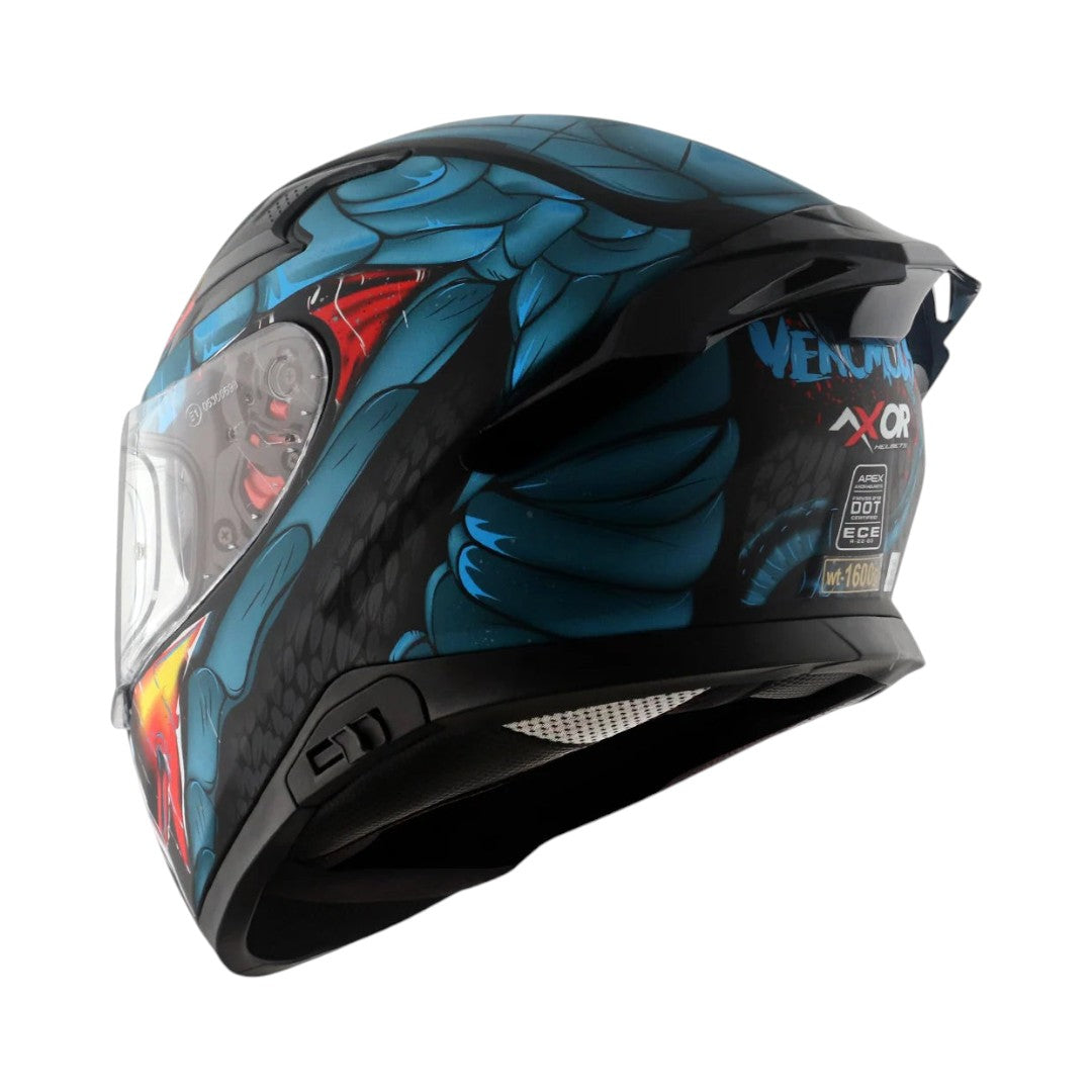 Motodrift Axor Apex Venomous sport-touring helmet featuring a blue and black graphic design with an integrated spoiler.