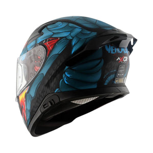 Motodrift Axor Apex Venomous sport-touring helmet featuring a blue and black graphic design with an integrated spoiler.