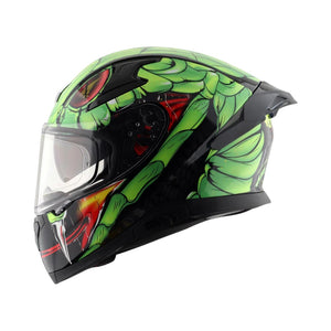 Motodrift Axor Apex Venomous sport-touring helmet in green with aggressive snake graphic and clear visor