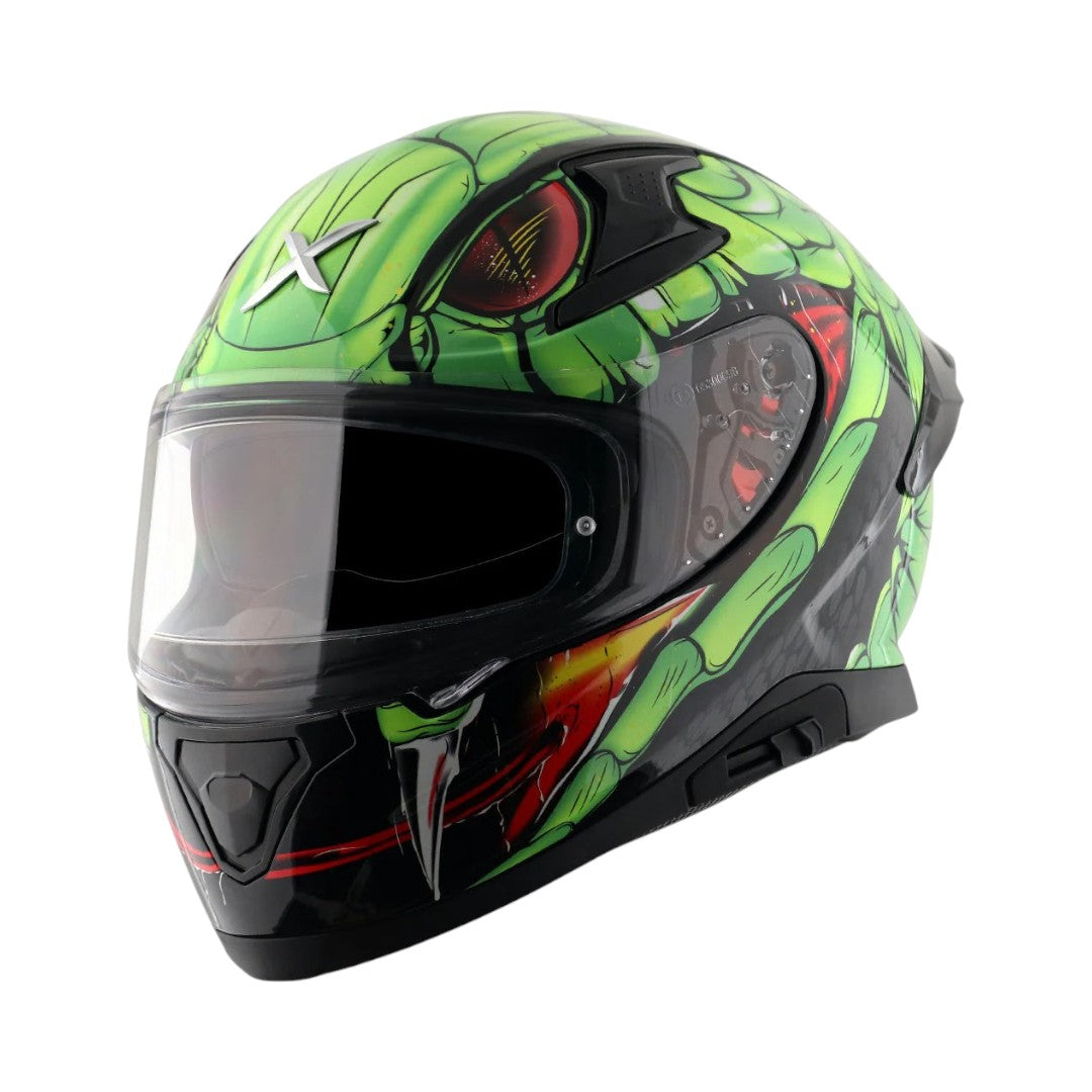 Motodrift Axor Apex Venomous full-face motorcycle helmet in green with aggressive snake-inspired graphic design