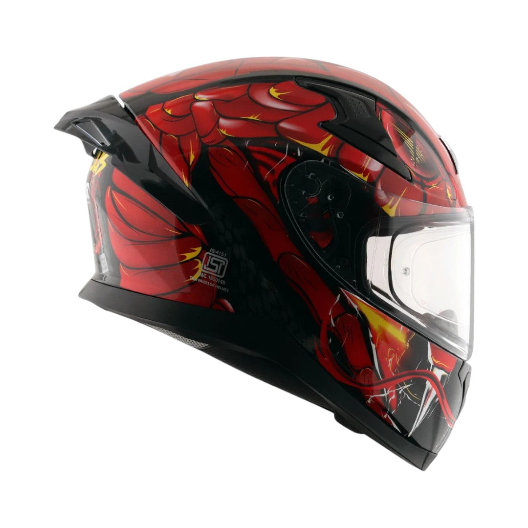 Motodrift Axor Apex Venomous full-face motorcycle helmet in red and black with an aggressive graphic design