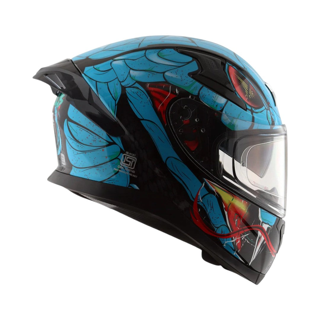 Motodrift Axor Apex Venomous helmet in blue and black with aggressive graphic design and integrated rear spoiler