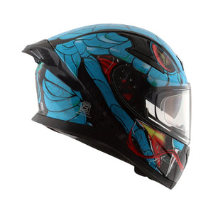 Motodrift Axor Apex Venomous helmet in blue and black with aggressive graphic design and integrated rear spoiler