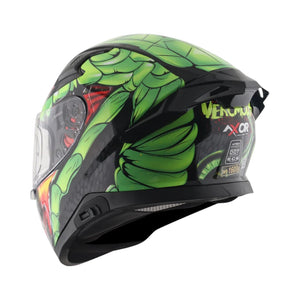 Motodrift Axor Apex Venomous sport-touring helmet with green snake graphic, rear spoiler, and clear visor on white background