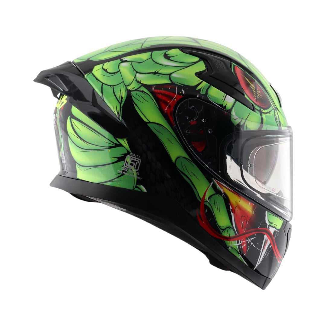 Motodrift Axor Apex Venomous sport-touring helmet in black and green with aggressive snake graphic and clear visor