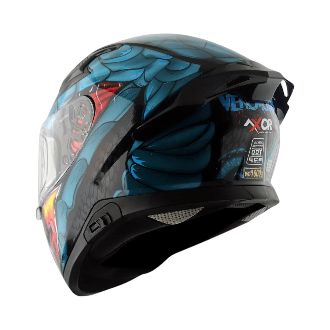 Motodrift Axor Apex Venomous full-face motorcycle helmet with blue and black graphic design and rear spoiler