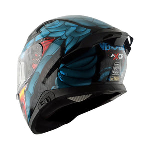Motodrift Axor Apex Venomous full-face motorcycle helmet with blue and black graphic design and rear spoiler