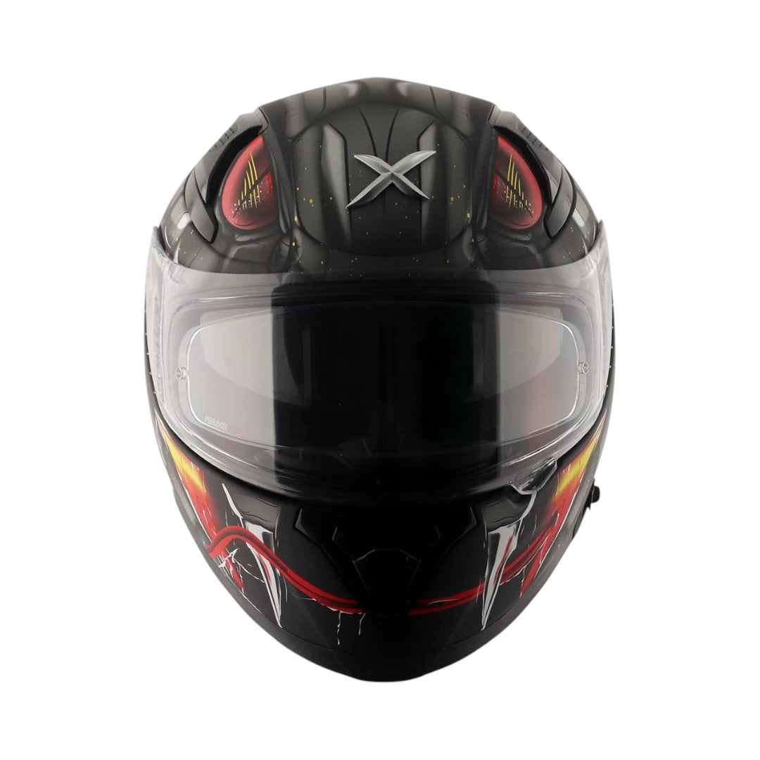 Motodrift Axor Apex Venomous full-face motorcycle helmet with aggressive black, red, and yellow graphic design.