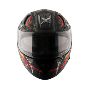 Motodrift Axor Apex Venomous full-face motorcycle helmet with aggressive black, red, and yellow graphic design.