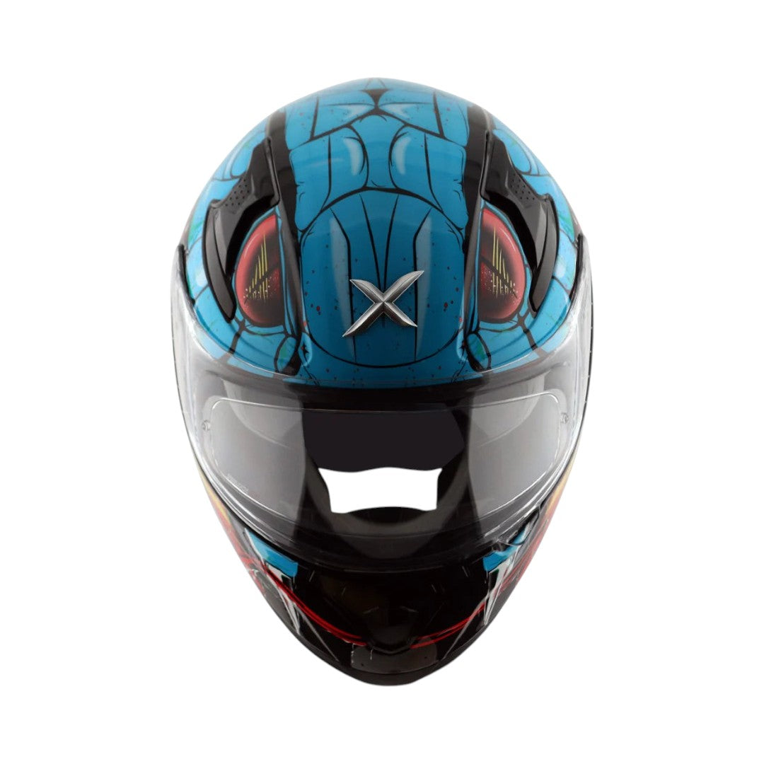 Motodrift Axor Apex Venomous helmet in blue with aggressive graphic design, clear visor, and aerodynamic spoiler.