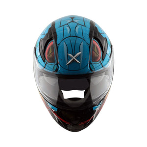 Motodrift Axor Apex Venomous helmet in blue with aggressive graphic design, clear visor, and aerodynamic spoiler.