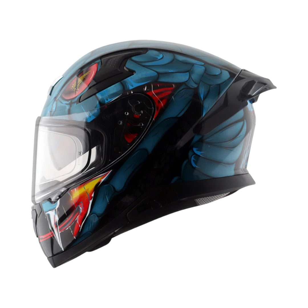 Motodrift Axor Apex Venomous sport-touring helmet with blue and black graphic design and integrated rear spoiler