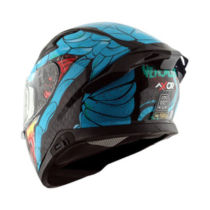 Motodrift Axor Apex Venomous sport-touring helmet in blue and black with integrated rear spoiler and safety certifications