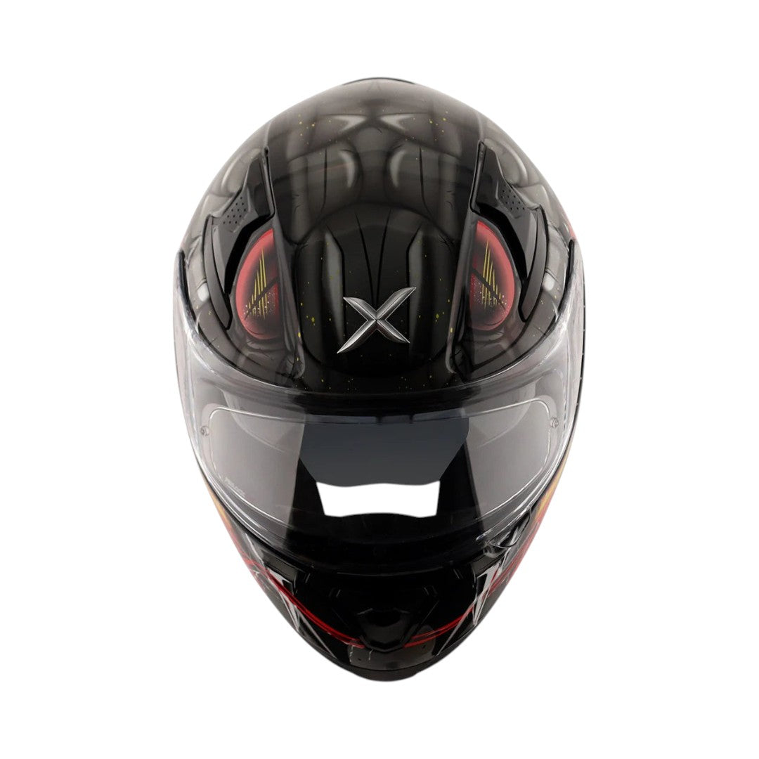 Motodrift Axor Apex Venomous sport-touring helmet in black with aerodynamic design and clear visor, front view.
