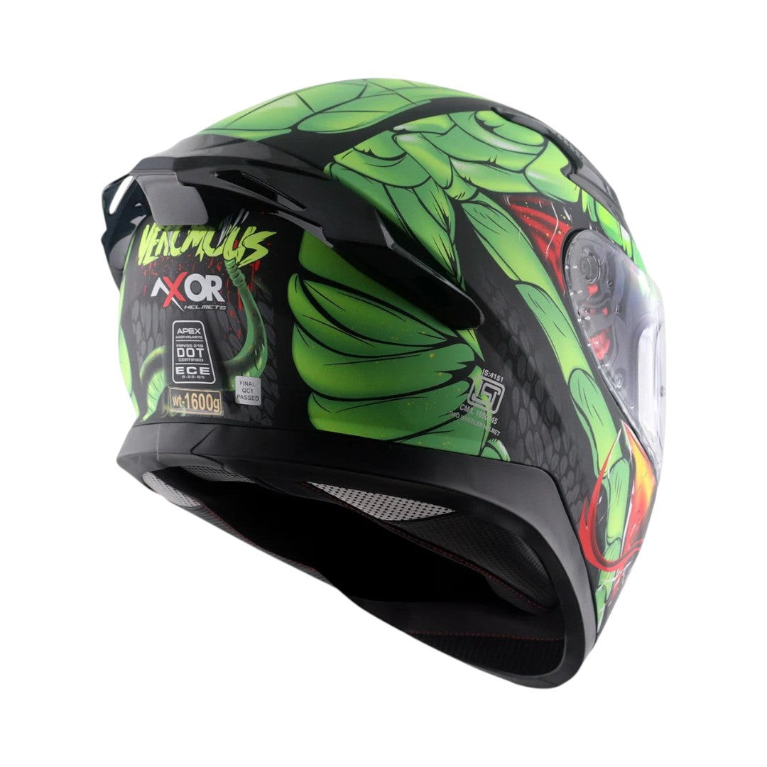 Motodrift Axor Apex Venomous helmet with green and black snake-inspired graphic design and integrated rear spoiler