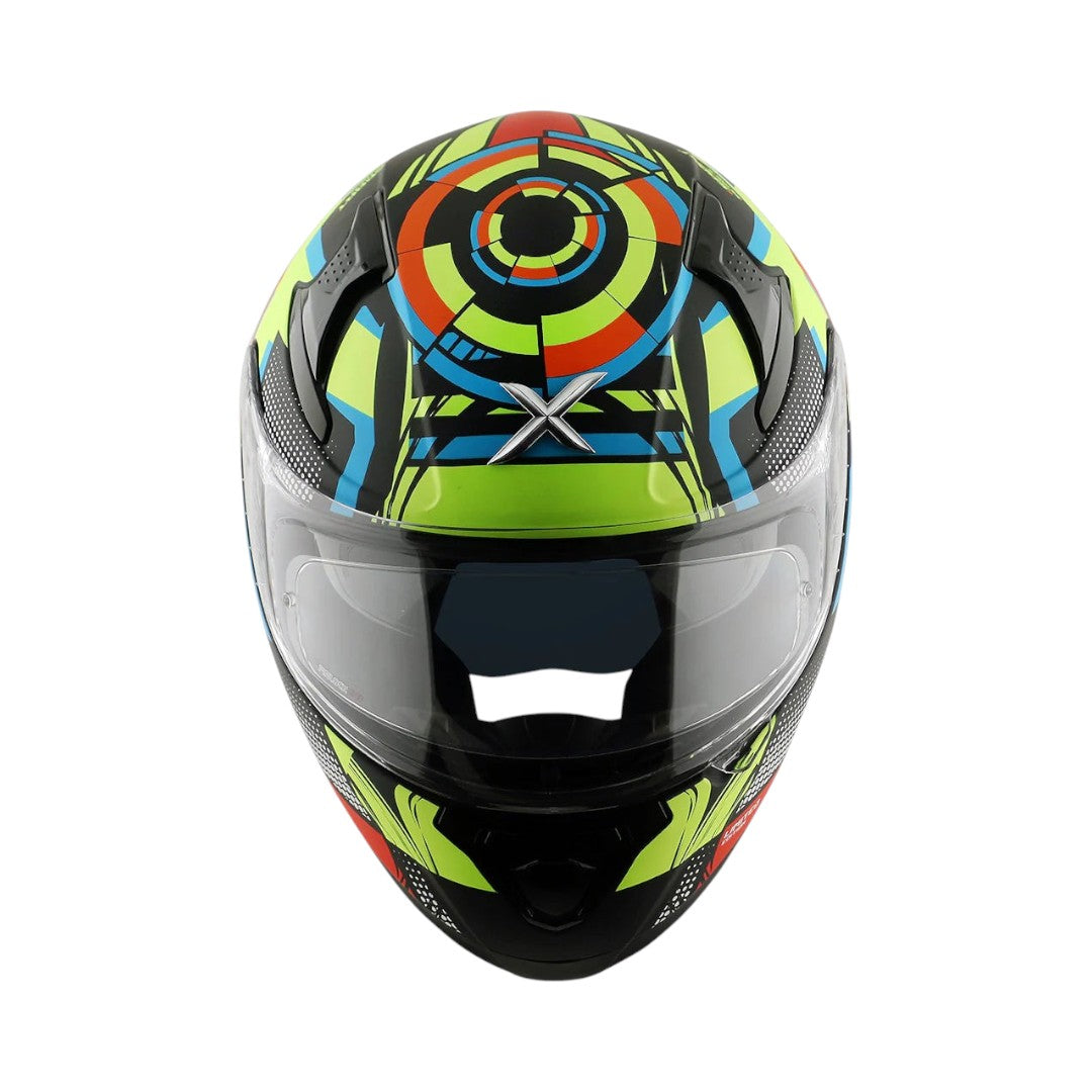 Motodrift Axor Apex Vivid full-face motorcycle helmet with vibrant geometric graphic pattern in neon green and red