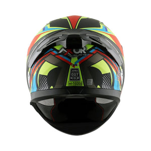 Motodrift Axor Apex Vivid sport touring helmet rear view featuring a multi-colored graphic design and integrated spoiler.