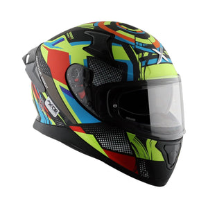 Motodrift Axor Apex Vivid full-face motorcycle helmet with vibrant neon yellow, blue, and red geometric graphic design.