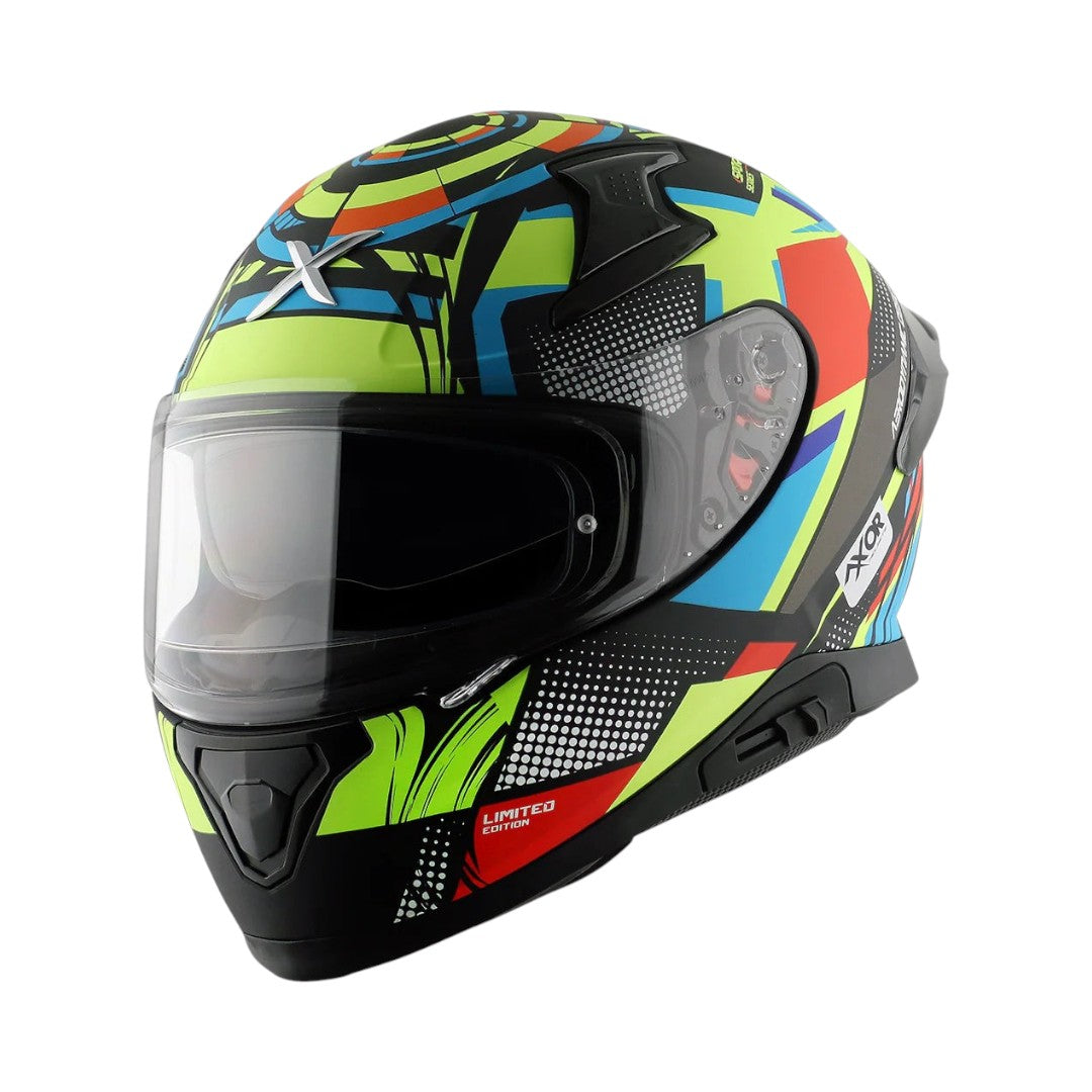 Motodrift Axor Apex Vivid sport touring helmet with a vibrant multi-colored graphic design and integrated spoiler.