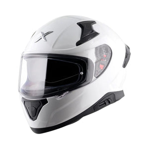 Motodrift Axor Apex solid white full-face motorcycle helmet with clear visor and black ventilation accents
