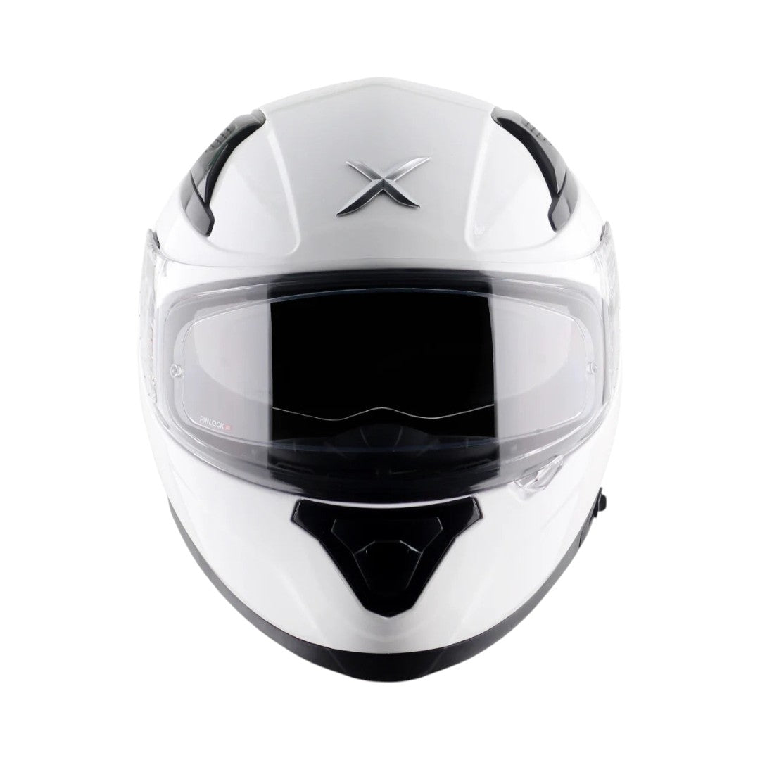 Motodrift Axor Apex solid white full-face motorcycle helmet with clear visor and aerodynamic design