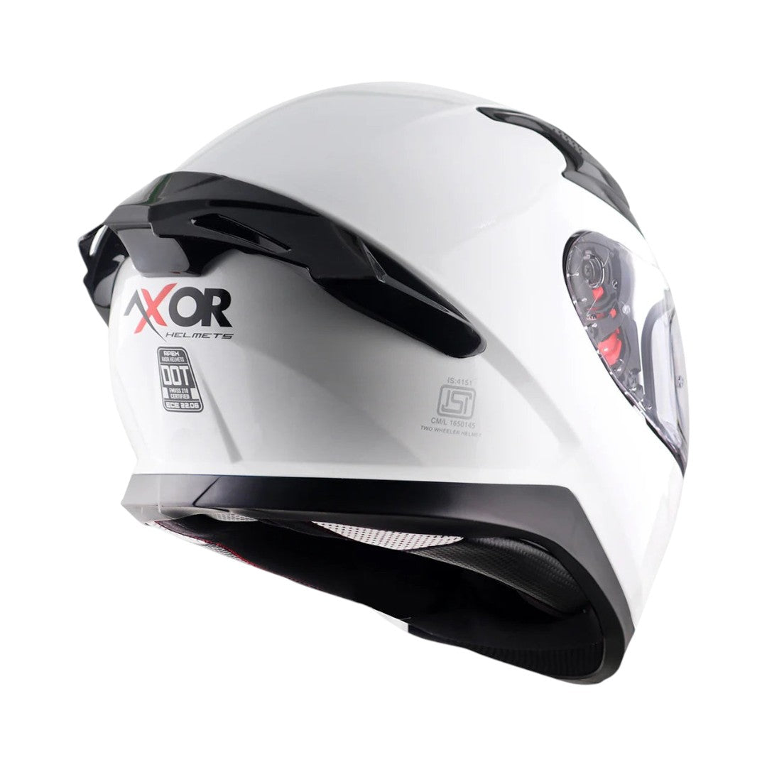 Motodrift Axor Apex Solid full-face motorcycle helmet in white with rear spoiler and clear visor