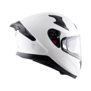 Motodrift Axor Apex solid white full-face motorcycle helmet with clear visor and aerodynamic rear spoiler