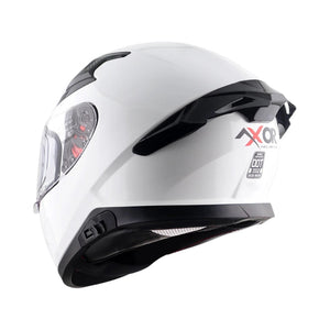 Motodrift Axor Apex solid white full-face motorcycle helmet with rear spoiler and visor from a side angle