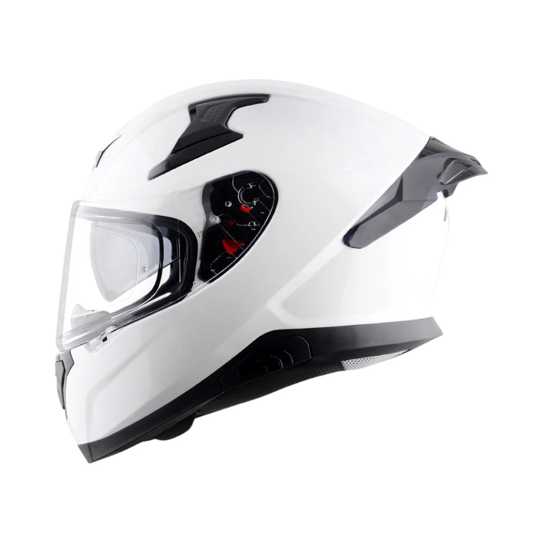 Motodrift Axor Apex solid white full-face motorcycle helmet with clear visor and aerodynamic design