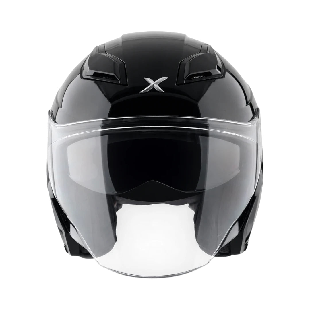 Motodrift AXOR Kylo Solid open-face motorcycle helmet in glossy black with a clear scratch-resistant visor
